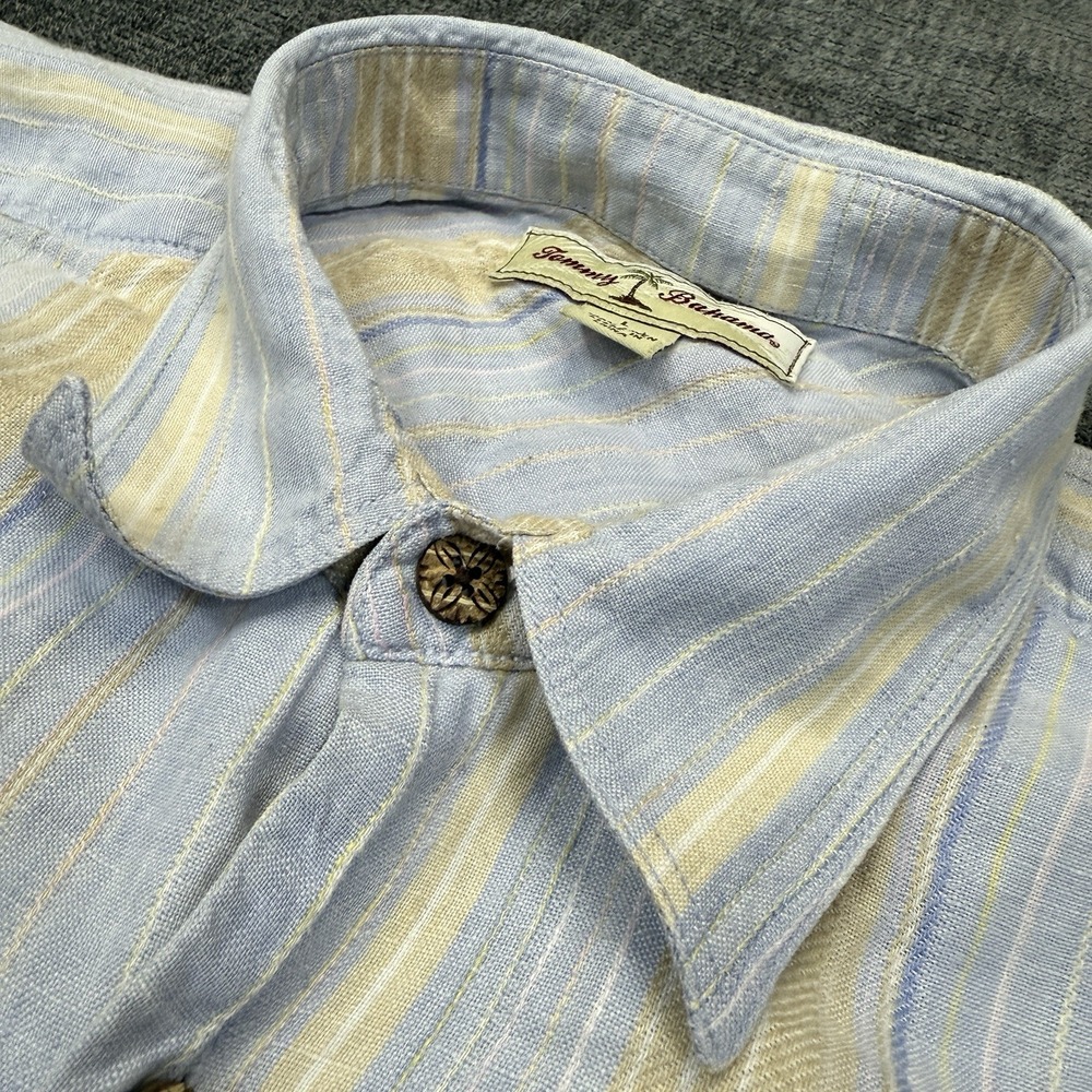 Tommy‎ Bahama Shirt Men's L Blue Stripe 100% Linen Button Up Casual